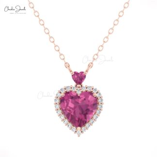 Delicate Heart Chain Necklace In 14k Real Gold Pink Tourmaline & Diamond Necklace For Her