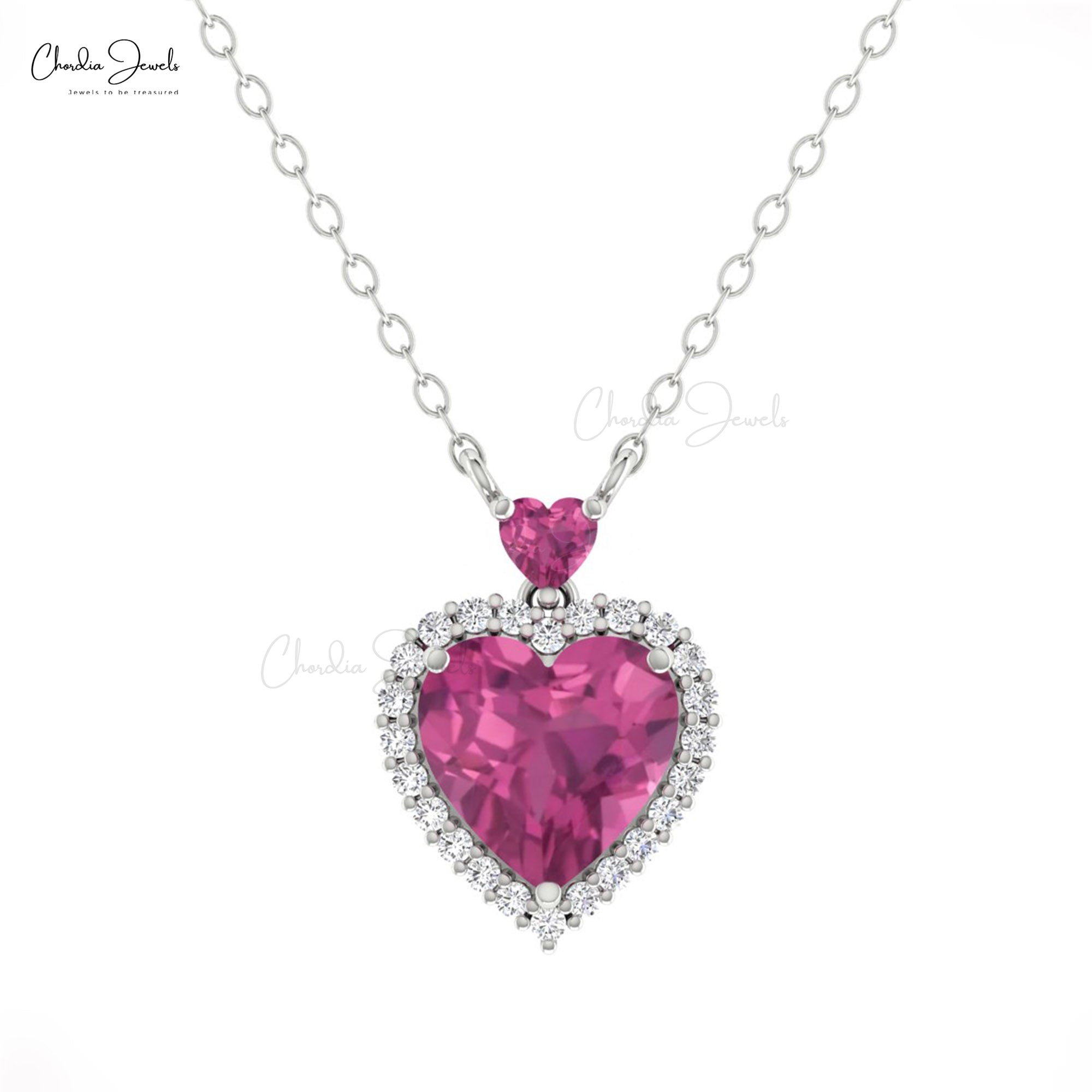 Delicate Heart Chain Necklace In 14k Real Gold Pink Tourmaline & Diamond Necklace For Her