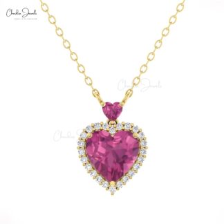 Delicate Heart Chain Necklace In 14k Real Gold Pink Tourmaline & Diamond Necklace For Her