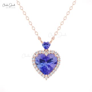 Halo Diamond Love Necklace With 1.75 Ct Tanzanite Gemstone Heart Jewelry In 14k Real Gold