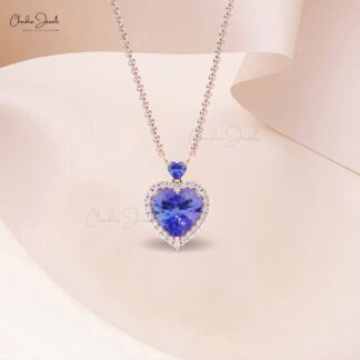 Halo Diamond Love Necklace With 1.75 Ct Tanzanite Gemstone Heart Jewelry In 14k Real Gold
