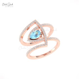 Solid 14k Gold Teardrop Ring With 0.63 Ct Aquamarine And Diamond Cocktail Women Rings