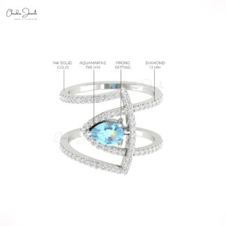 Solid 14k Gold Teardrop Ring With 0.63 Ct Aquamarine And Diamond Cocktail Women Rings