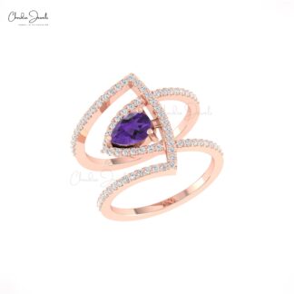 Natural Amethyst Cocktail Ring In Solid 14k Gold Pave Diamond Hallmarked Jewelry For Mom