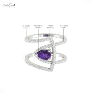 Natural Amethyst Cocktail Ring In Solid 14k Gold Pave Diamond Hallmarked Jewelry For Mom
