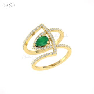 Teardrop Wedding Ring In Solid 14k Gold Emerald 7x5mm Gemstone And Diamond Rings