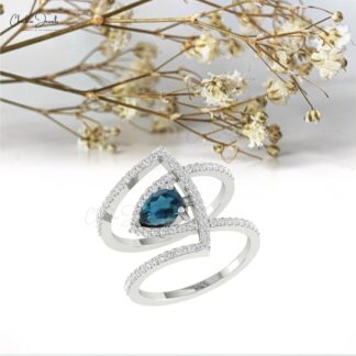 Real 14k Gold Overlapping Ring With 0.63 London Blue Topaz Pave Diamond Anniversary Ring