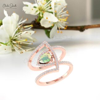 Cocktail Style Curved Ring With 0.63 Ct Fire Opal G-H Diamond Pave Set In 14k Gold Rings