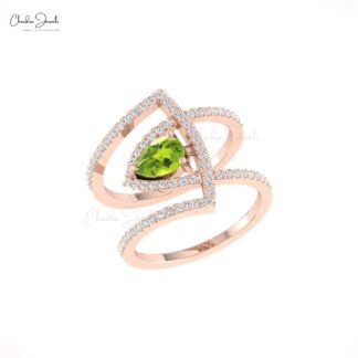 Pear Statement Women Ring In Real 14k Gold Peridot And Diamond Cocktail Hallmark Ring