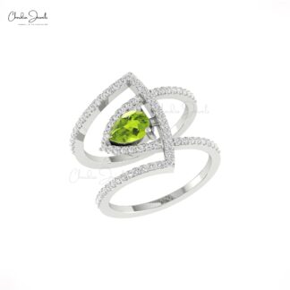 Pear Statement Women Ring In Real 14k Gold Peridot And Diamond Cocktail Hallmark Ring