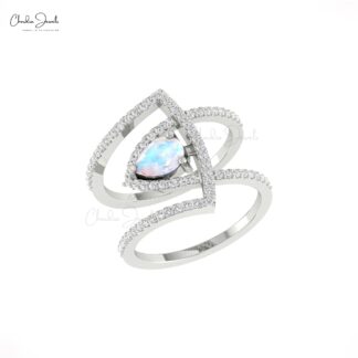 Delicate Rainbow Moonstone Cocktail Ring In Solid 14k Gold Diamond Handmade Fine Jewelry