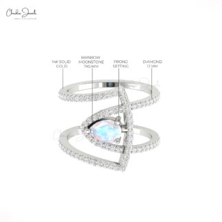 Delicate Rainbow Moonstone Cocktail Ring In Solid 14k Gold Diamond Handmade Fine Jewelry