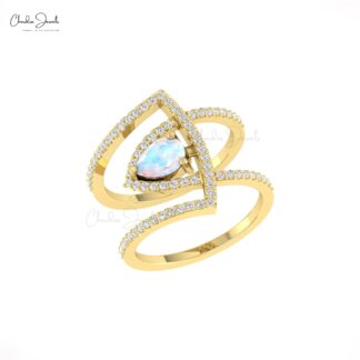 Delicate Rainbow Moonstone Cocktail Ring In Solid 14k Gold Diamond Handmade Fine Jewelry