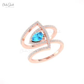 Gemstone Curved Ring In 14k Real Gold Swiss Blue Topaz G-H Diamond Cocktail Rings