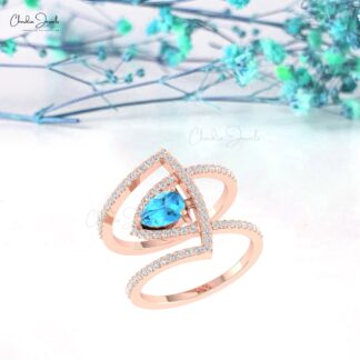 Gemstone Curved Ring In 14k Real Gold Swiss Blue Topaz G-H Diamond Cocktail Rings