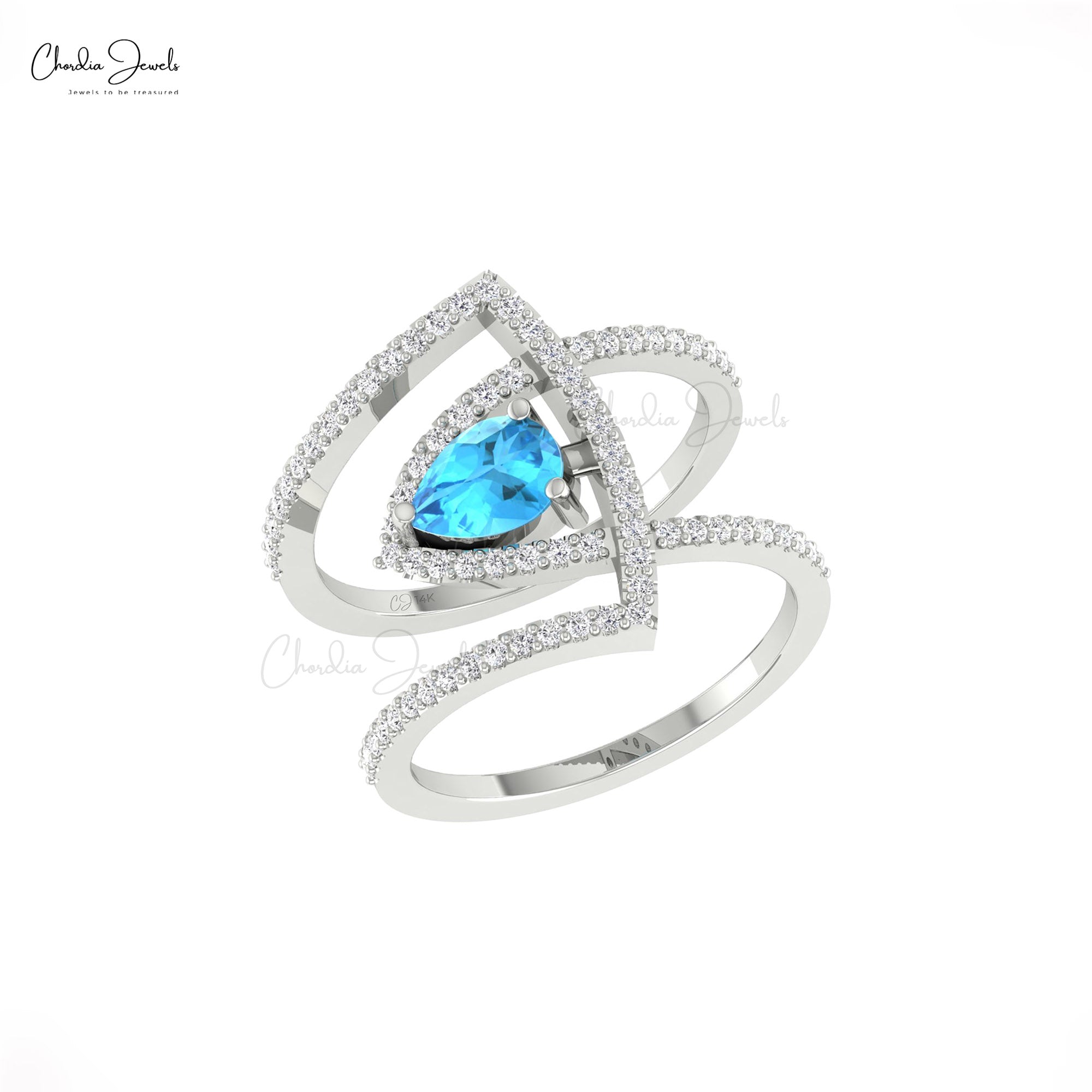 Gemstone Curved Ring In 14k Real Gold Swiss Blue Topaz G-H Diamond Cocktail Rings