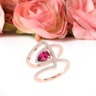 Teardrop Pink Tourmaline Ring In Solid 14k Gold Gemstone Diamond Curved Statement Ring