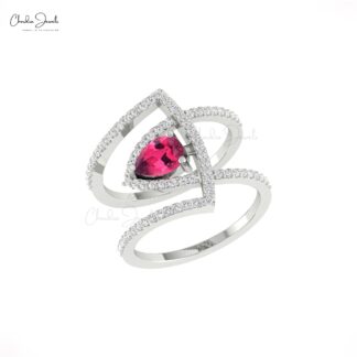 Teardrop Pink Tourmaline Ring In Solid 14k Gold Gemstone Diamond Curved Statement Ring