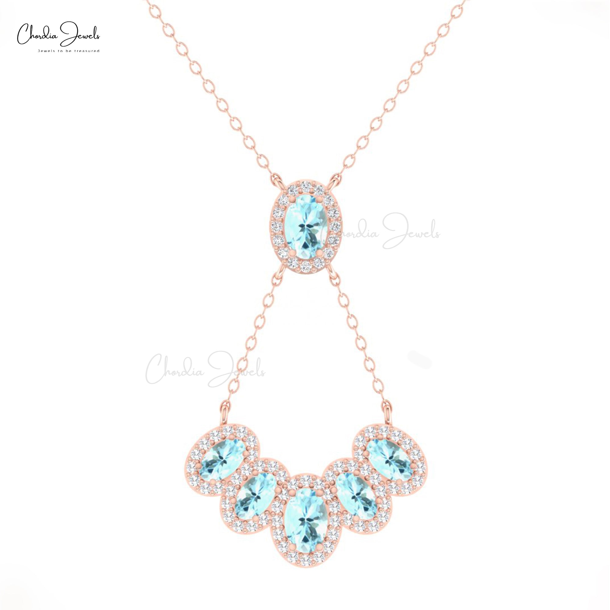Solid 14k Gold Multi Halo Necklace With 1.76 Ct Aquamarine And Diamond Y Shape Necklace
