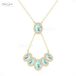 Solid 14k Gold Multi Halo Necklace With 1.76 Ct Aquamarine And Diamond Y Shape Necklace