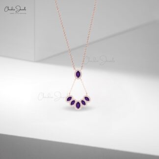 Cluster Y Shape Diamond Necklace In 14k Real Gold Amethyst 1.76 Ct Oval Cut Halo Necklace