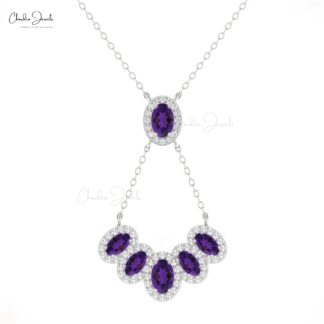 Cluster Y Shape Diamond Necklace In 14k Real Gold Amethyst 1.76 Ct Oval Cut Halo Necklace