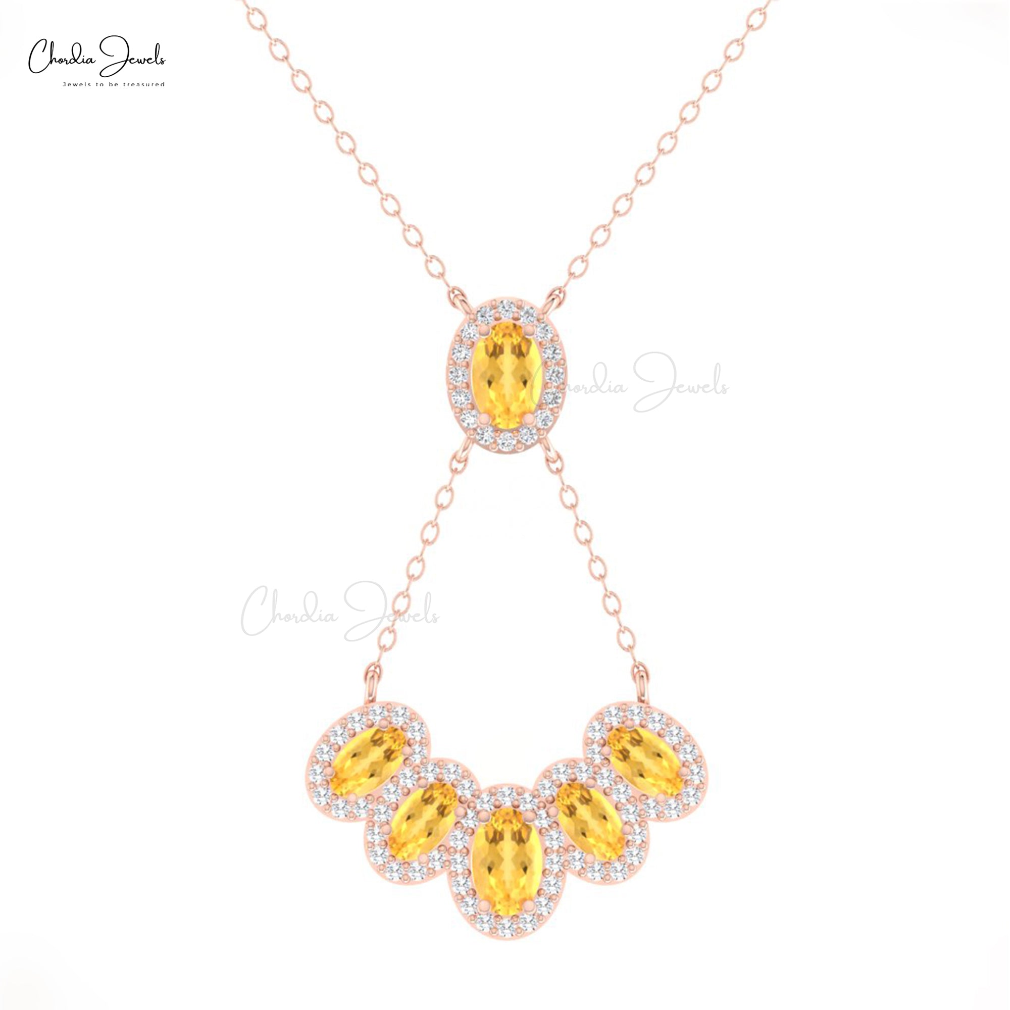 Delicate Multi Halo Y Necklace In 14k Solid Gold Citrine 1.76 Ct Gemstone Wedding Necklace