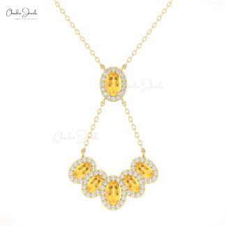 Delicate Multi Halo Y Necklace In 14k Solid Gold Citrine 1.76 Ct Gemstone Wedding Necklace