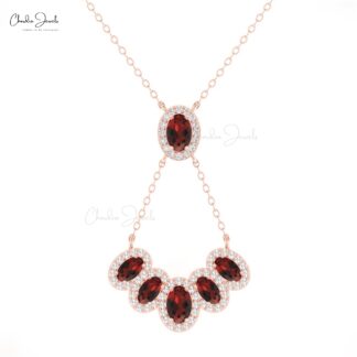 Halo Gemstone Minimal Necklace In 14k Solid Gold Red Garnet Diamond Y Shape Necklaces