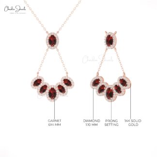 Halo Gemstone Minimal Necklace In 14k Solid Gold Red Garnet Diamond Y Shape Necklaces
