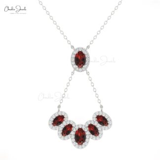 Halo Gemstone Minimal Necklace In 14k Solid Gold Red Garnet Diamond Y Shape Necklaces