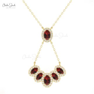 Halo Gemstone Minimal Necklace In 14k Solid Gold Red Garnet Diamond Y Shape Necklaces