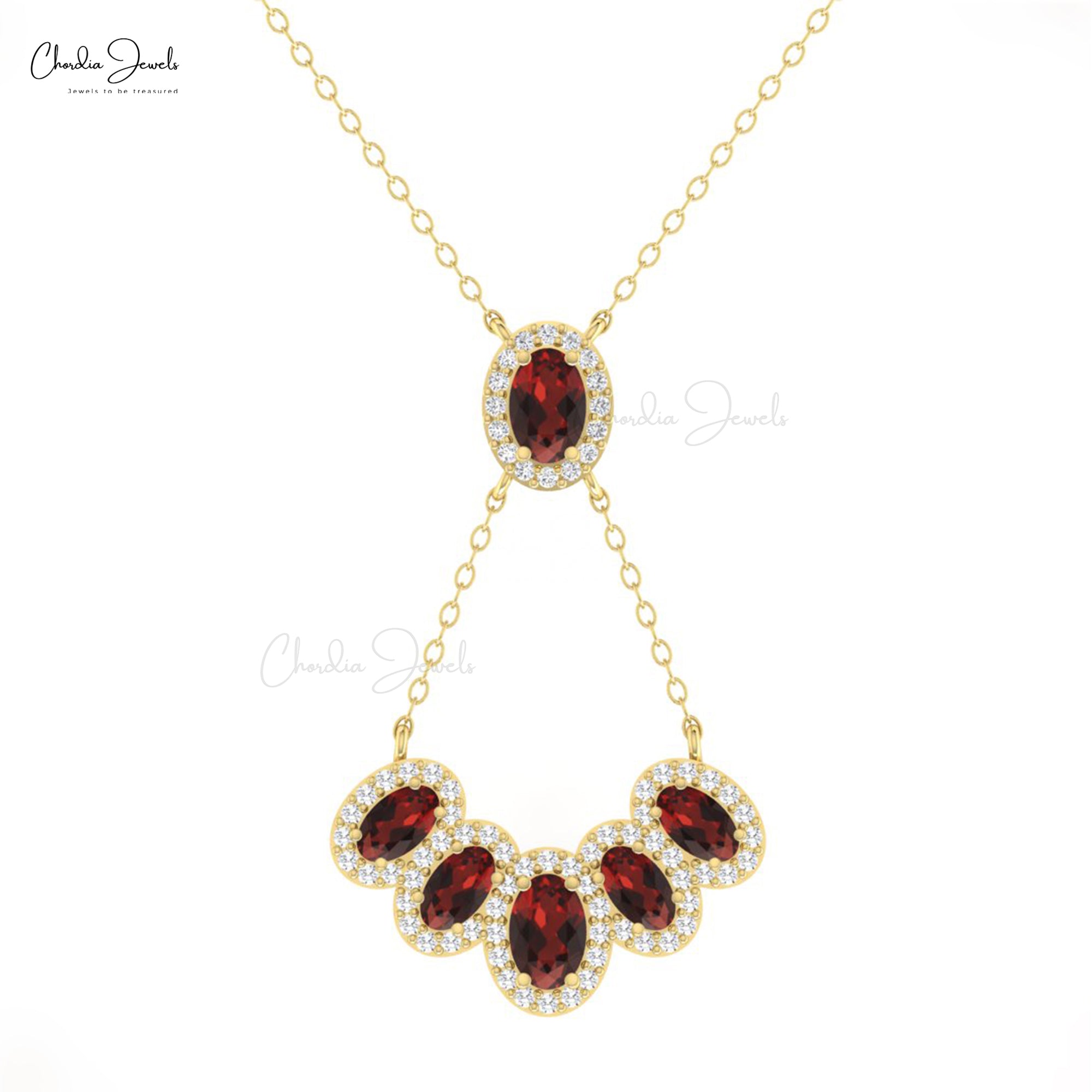 Halo Gemstone Minimal Necklace In 14k Solid Gold Red Garnet Diamond Y Shape Necklaces
