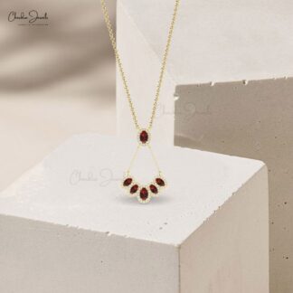 Halo Gemstone Minimal Necklace In 14k Solid Gold Red Garnet Diamond Y Shape Necklaces