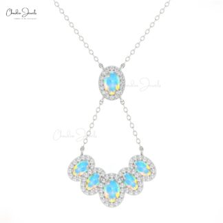 AAA Fire Opal Multi Halo Y Necklace In 14k Solid Gold Diamond Clutser Hallmarked Jewelry