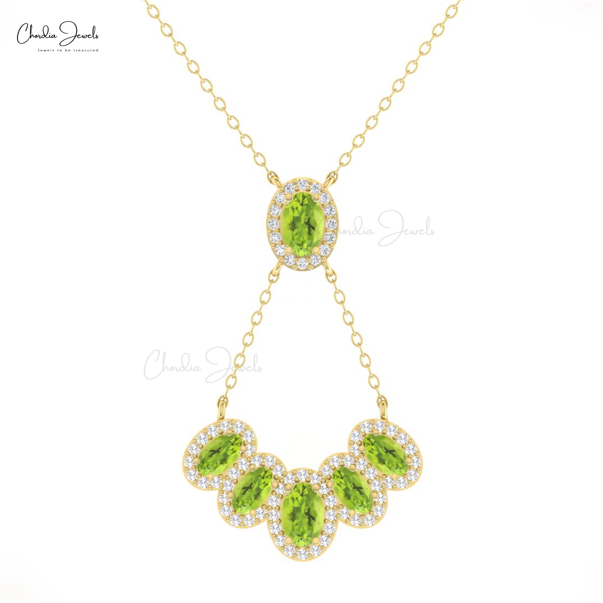 Natural Peridot Cluster Necklace With Multi Halo Diamond 14k Real Gold Bridal Y Necklaces