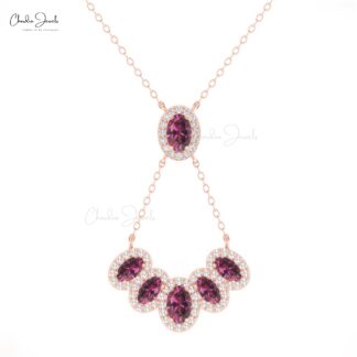 Dual Birthstone Chain Necklace In 14k Gold Rhodolite Garnet Multi Halo Diamond Necklaces