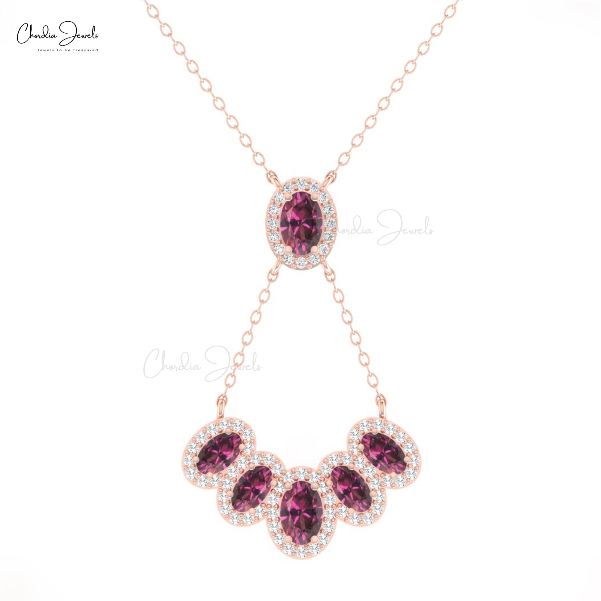 Dual Birthstone Chain Necklace In 14k Gold Rhodolite Garnet Multi Halo Diamond Necklaces