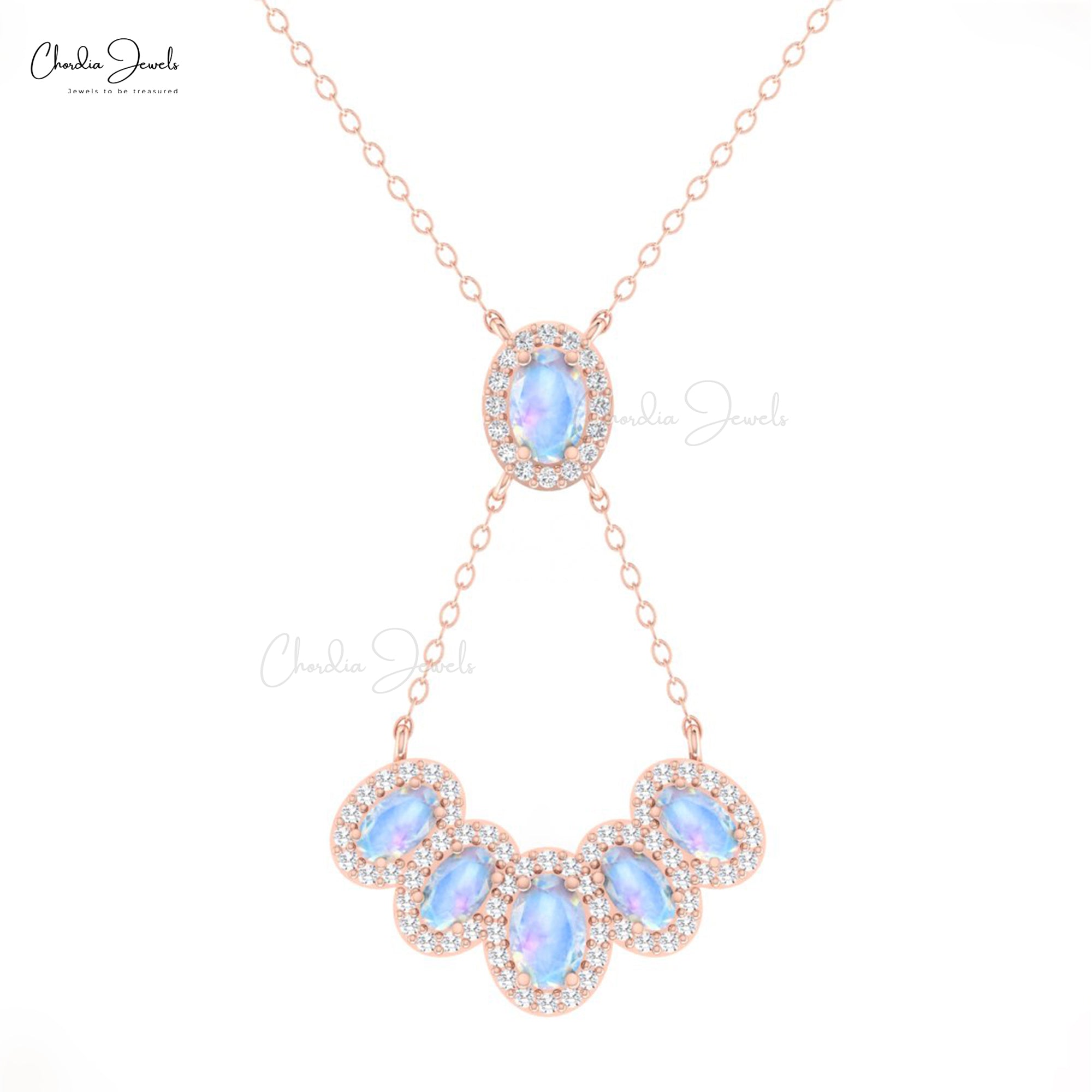 Multi Halo Rainbow Moonstone Necklace With G-H Diamond 14k Pure Gold Cluster Fine Jewelry
