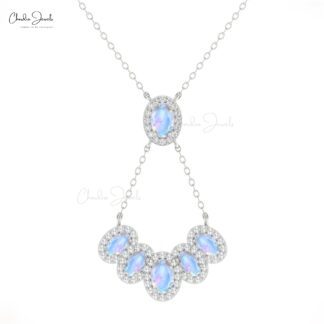 Multi Halo Rainbow Moonstone Necklace With G-H Diamond 14k Pure Gold Cluster Fine Jewelry