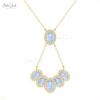 Multi Halo Rainbow Moonstone Necklace With G-H Diamond 14k Pure Gold Cluster Fine Jewelry