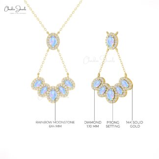 Multi Halo Rainbow Moonstone Necklace With G-H Diamond 14k Pure Gold Cluster Fine Jewelry