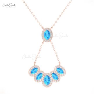 Diamond Cluster Chain Necklace In 14k Real Gold Swiss Blue Topaz Gemstone Halo Necklaces