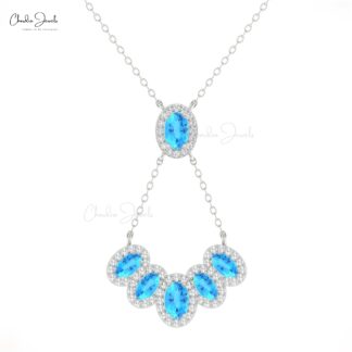 Diamond Cluster Chain Necklace In 14k Real Gold Swiss Blue Topaz Gemstone Halo Necklaces