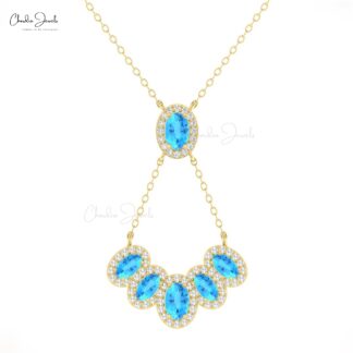 Diamond Cluster Chain Necklace In 14k Real Gold Swiss Blue Topaz Gemstone Halo Necklaces