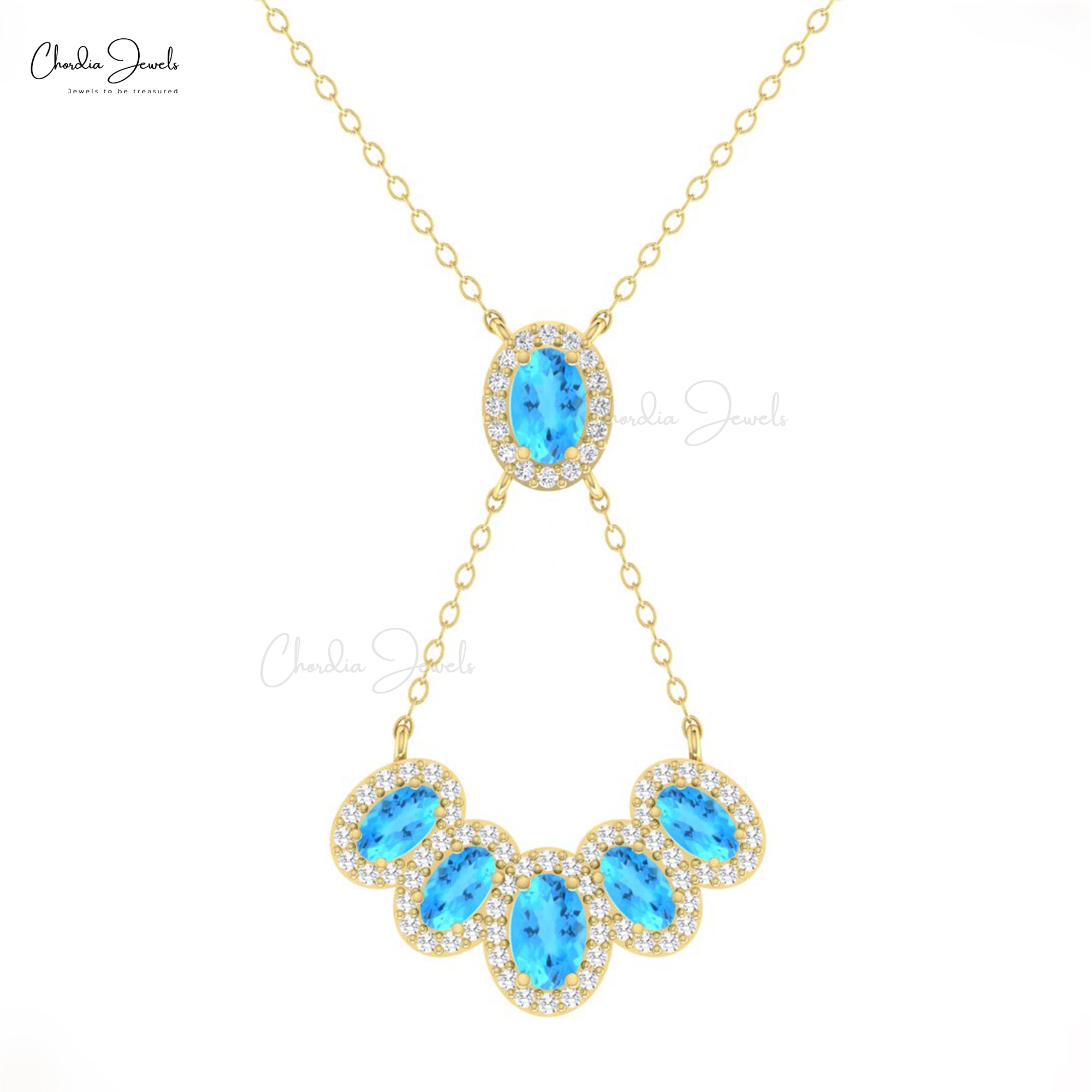Diamond Cluster Chain Necklace In 14k Real Gold Swiss Blue Topaz Gemstone Halo Necklaces