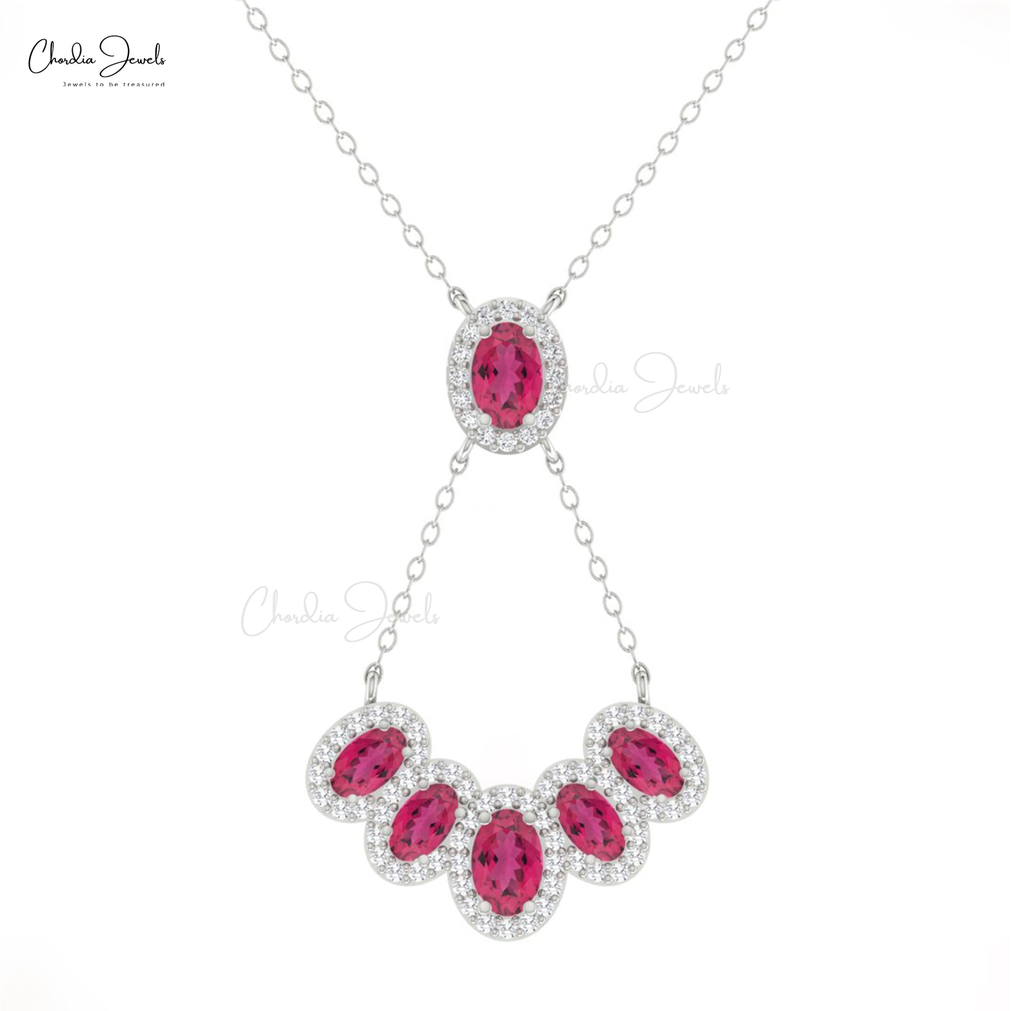 Oval Pink Tourmaline Cluster Necklace In 14k Real Gold Multi Halo Diamond Chain Necklaces