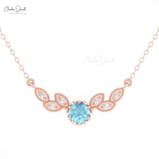 Leaf Style Floral Necklace With 5mm Aquamarine And Diamond 14k Gold Chain Necklaces