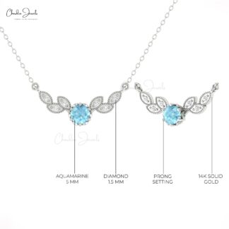 Leaf Style Floral Necklace With 5mm Aquamarine And Diamond 14k Gold Chain Necklaces