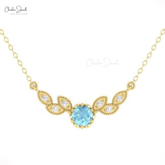 Leaf Style Floral Necklace With 5mm Aquamarine And Diamond 14k Gold Chain Necklaces